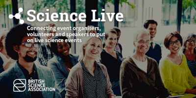 A promotional poster for Science Live. It is a photo of people sitting in the audience of an event, with 3 large white circles over it each with a simple science-themed cartoon inside. It is hyperlinked to the Science Live page.
