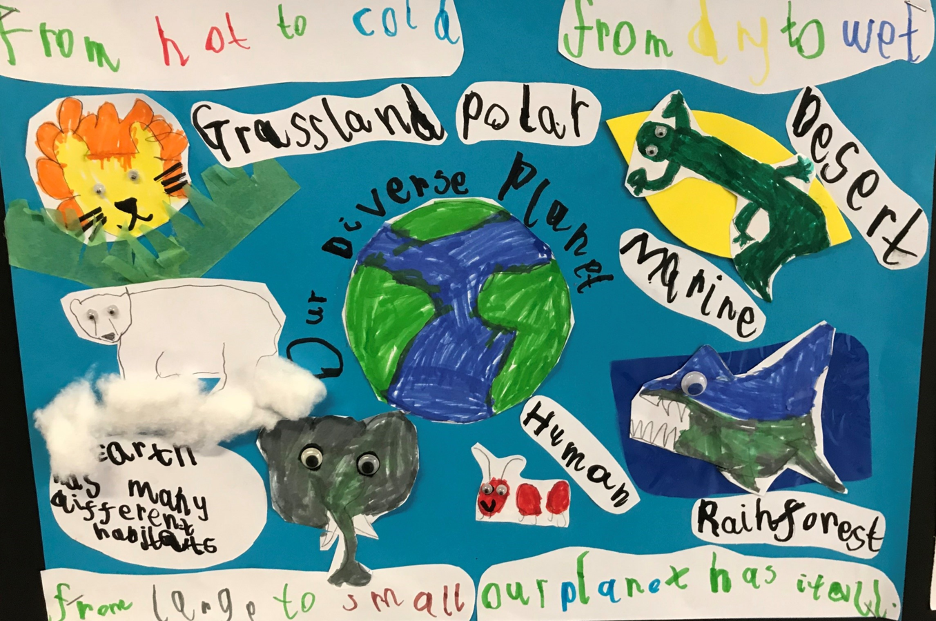 A poster with a blue background, a drawing of planet Earth in the centre, surrounded by labelled drawings of animals. It is titled Our diverse planet.