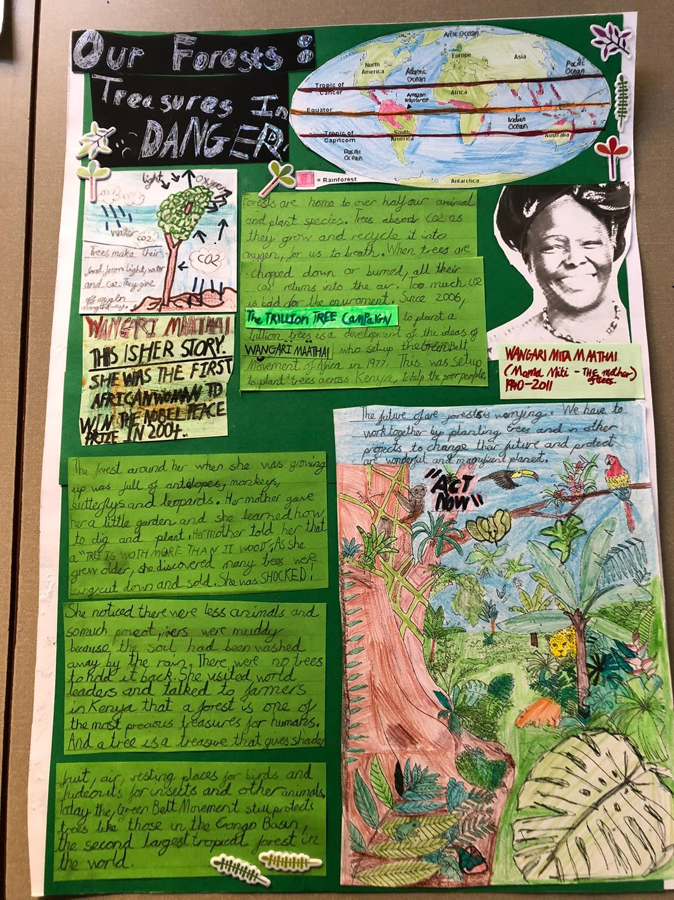 A green poster titled 'Our Forests: Treasures in Danger'. It is covered in drawings and text that tell the story of Nigerian activist Wangari Maathai.