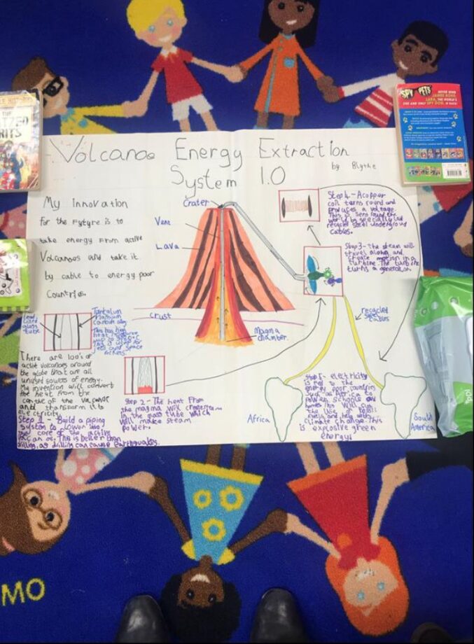 A poster showing a Volcano Energy Extraction System to provide energy to poor countries.