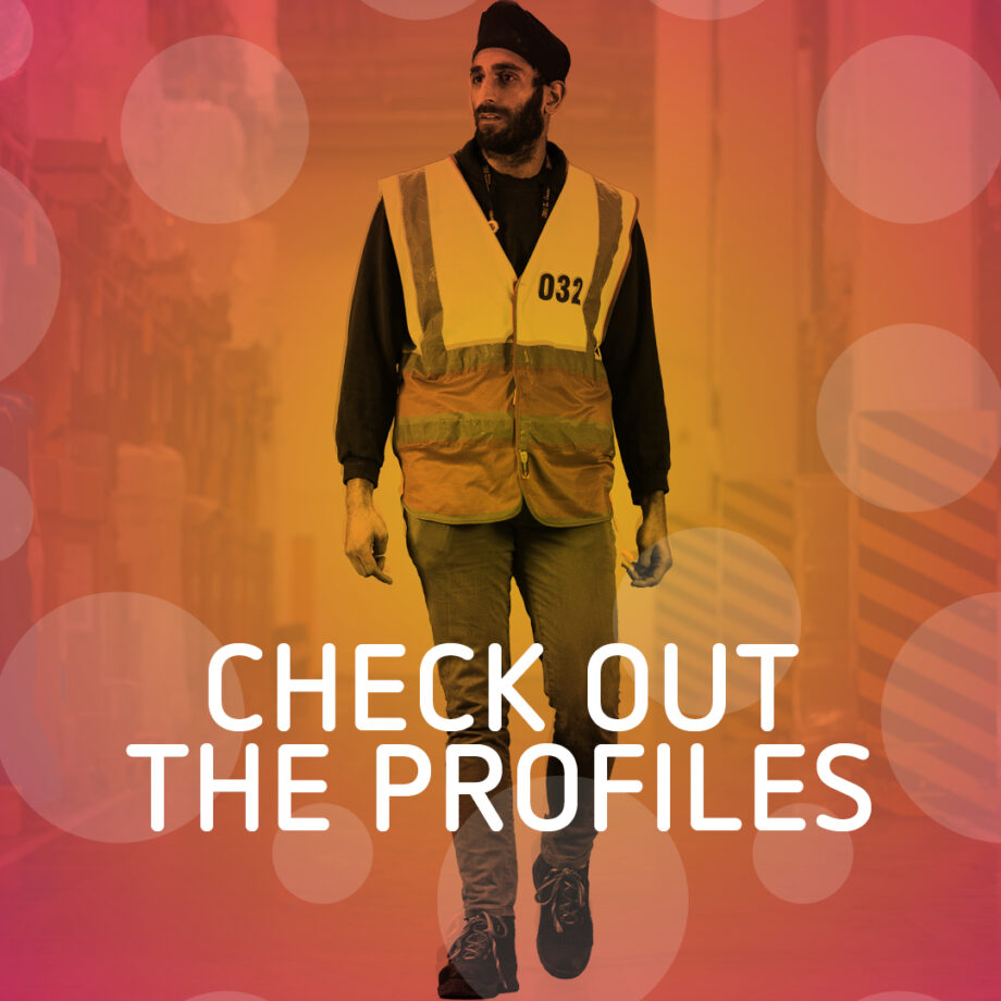 Text saying 'Check out the profiles', with Smashing Stereotypes profile Jaipal walking through a warehouse