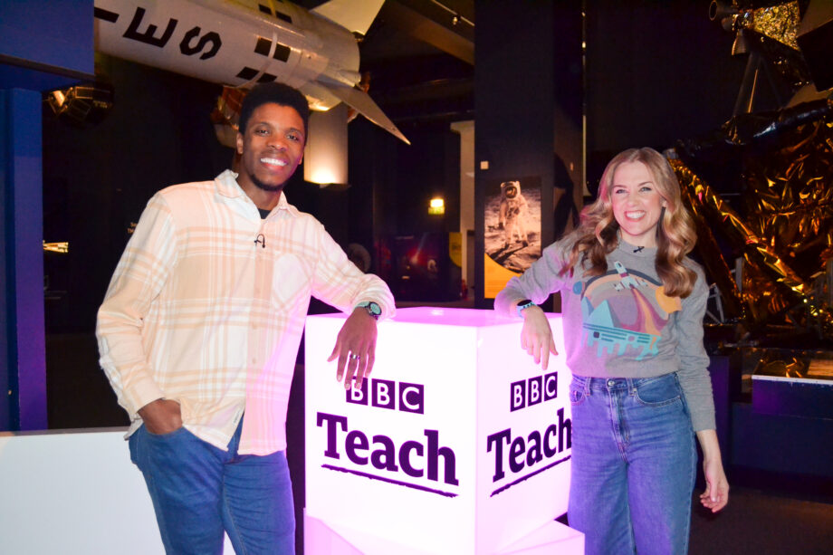 CBBC’s Rhys Stephenson & Maddie Moate presenting the BBC Teach Live Lesson